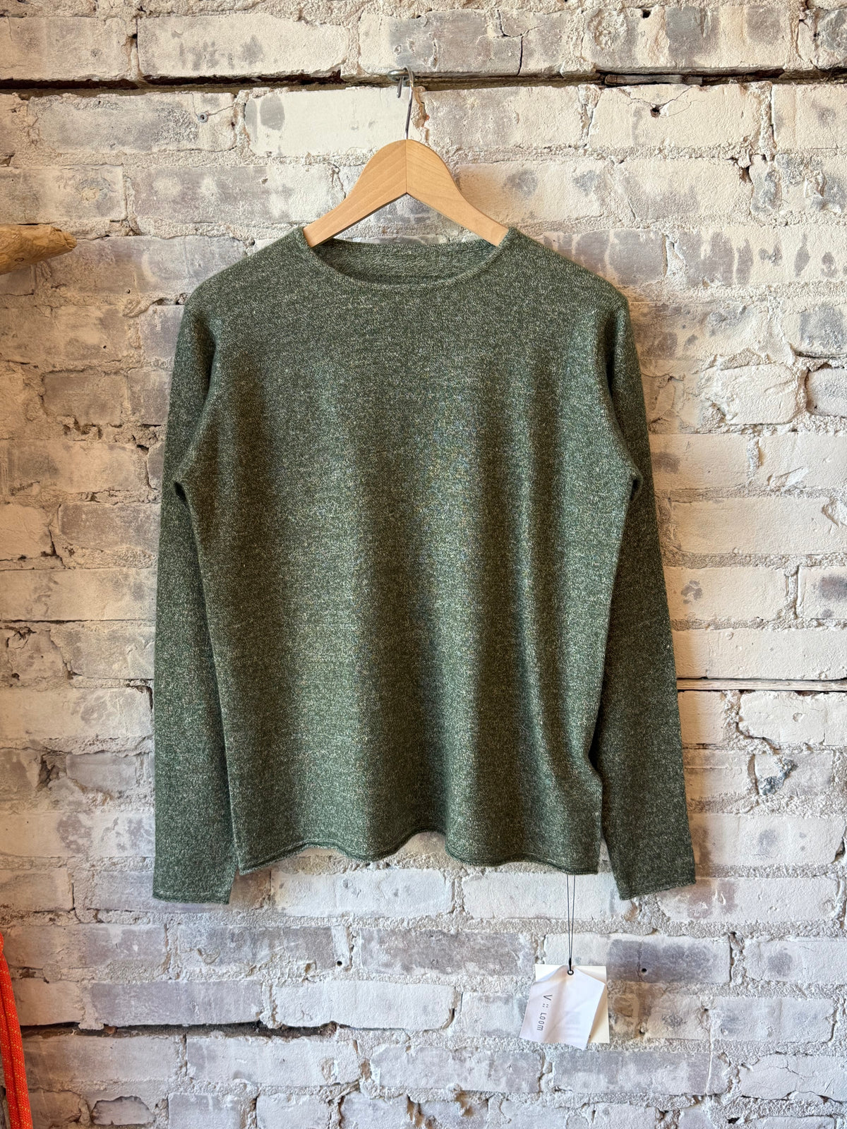 Women's olive green Cashmere Linen Knit Long Sleeve Crew by V::Room, showcasing soft knit fabric and relaxed fit.