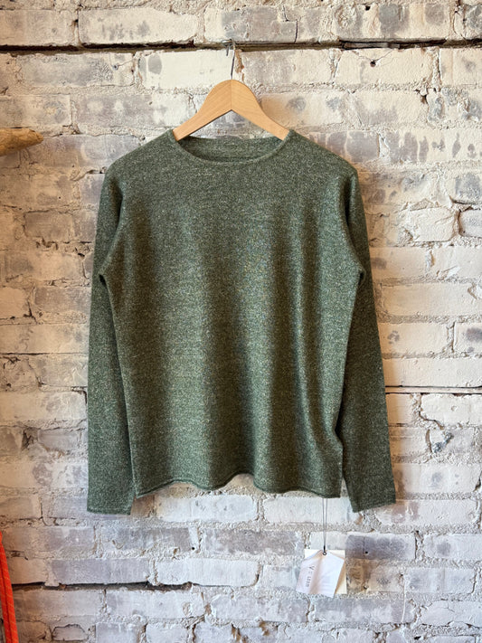 Women's olive green Cashmere Linen Knit Long Sleeve Crew by V::Room, showcasing soft knit fabric and relaxed fit.