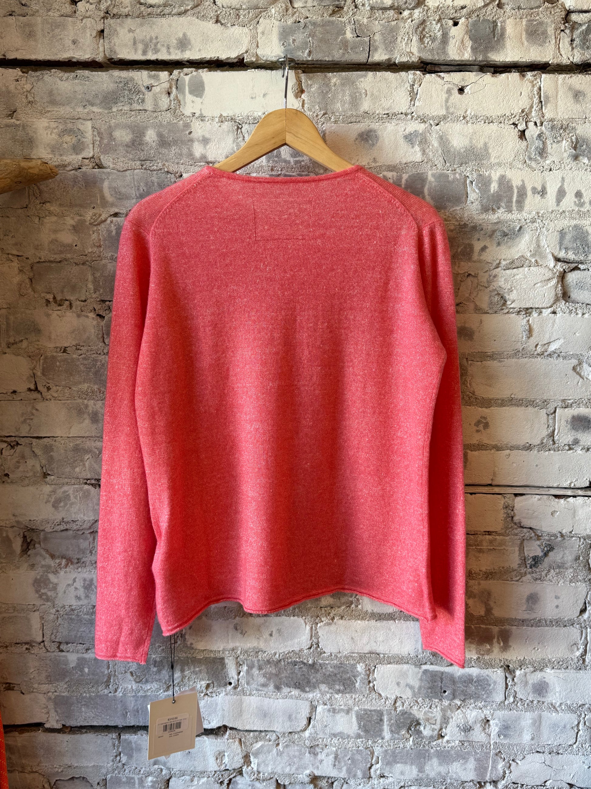 Women's pink cashmere linen knit long-sleeve crew neck top by V::Room, soft and cozy with a stylish, relaxed fit.