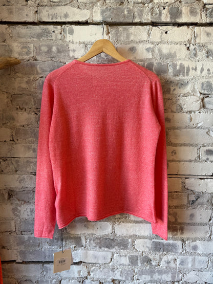 Women's pink cashmere linen knit long-sleeve crew neck top by V::Room, soft and cozy with a stylish, relaxed fit.