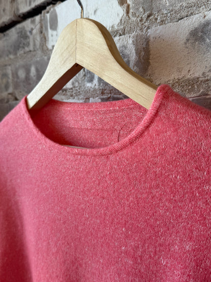 Pink women's cashmere linen knit long-sleeve crew sweater by V::Room, showing soft fabric and relaxed fit.