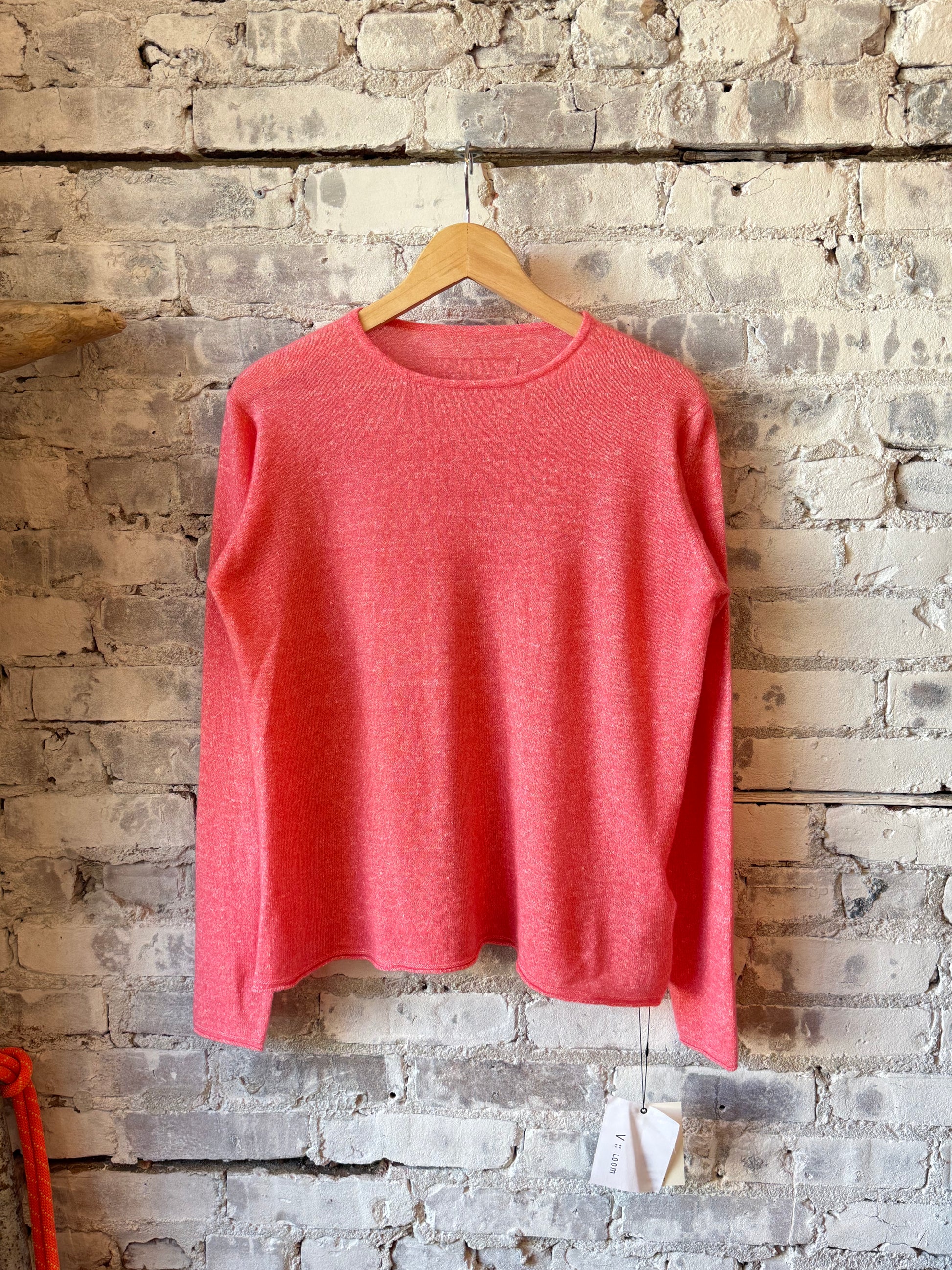 Women's pink cashmere linen knit long-sleeve crew top by V::Room, soft and cozy with a relaxed fit.