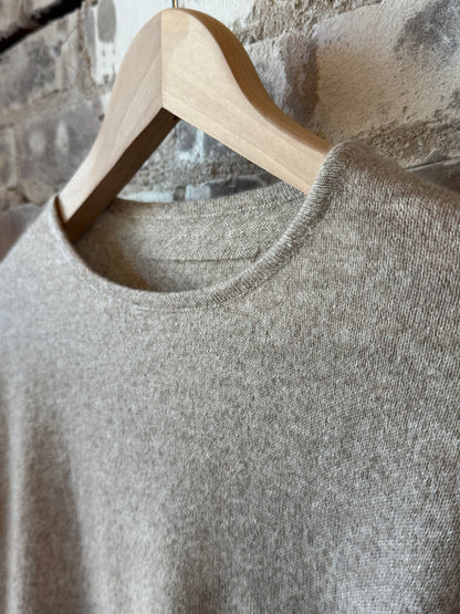 Women's V::Room Cashmere Linen Knit Long Sleeve Crew in Sand, showcasing soft, textured knit fabric and relaxed fit.