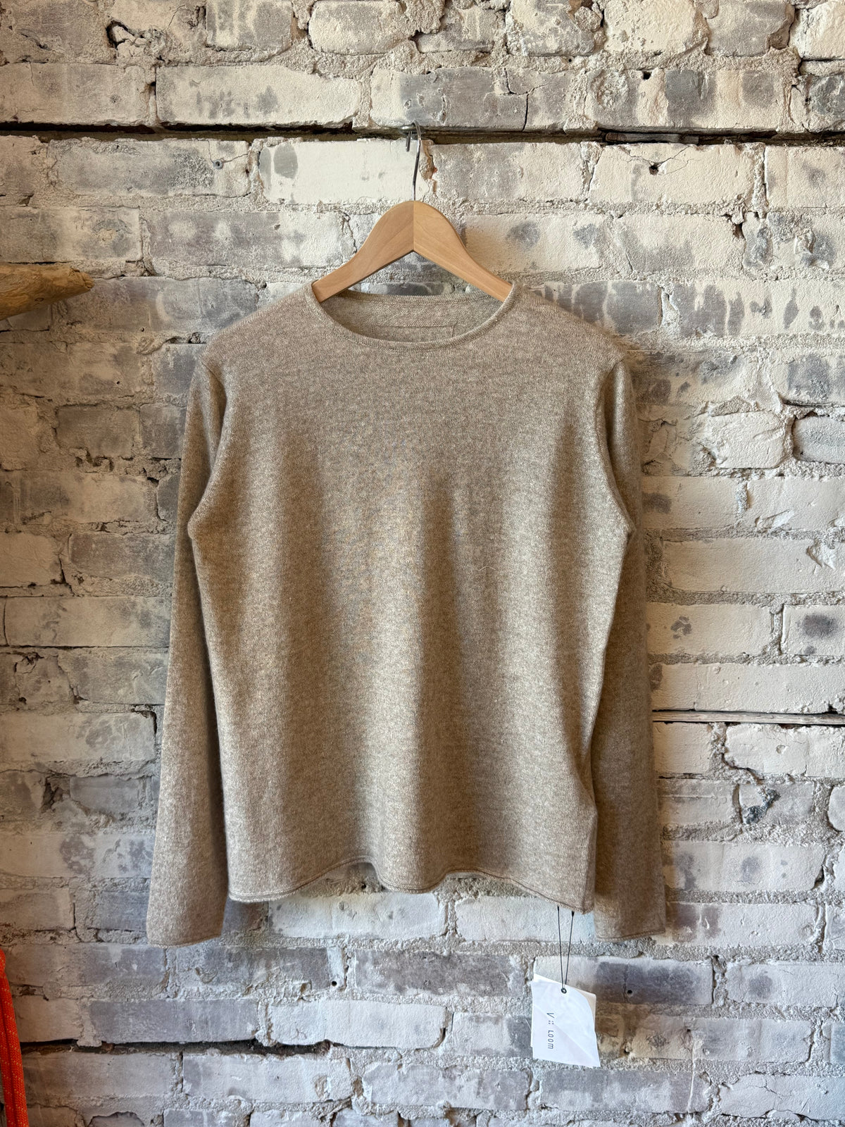 Women's V::Room Cashmere Linen Knit LS Crew top in Sand, featuring a soft, long-sleeve knit design for a comfortable, stylish look.