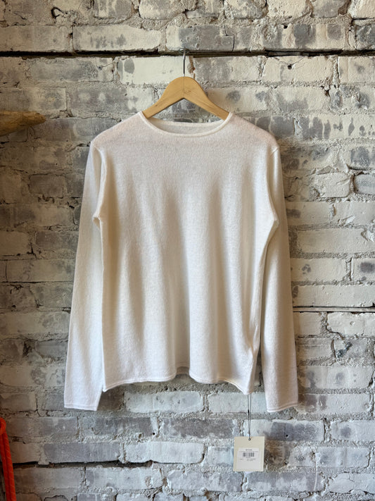 Women's white cashmere linen knit long-sleeve crew neck sweater from V::Room, showcasing soft fabric and classic fit.