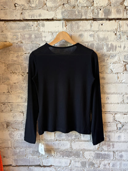 Women’s navy cashmere silk jersey long sleeve crew sweater by V::Room, soft and luxurious knit with a relaxed fit.