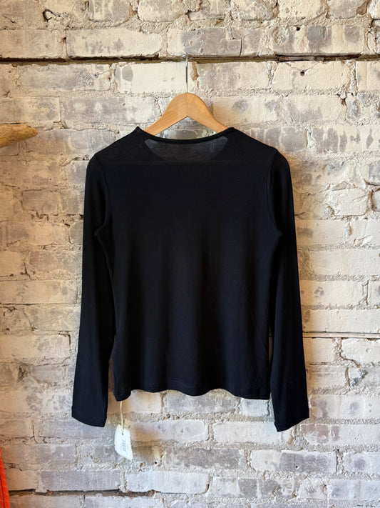 Women’s navy cashmere silk jersey long sleeve crew sweater by V::Room, soft and luxurious knit with a relaxed fit.