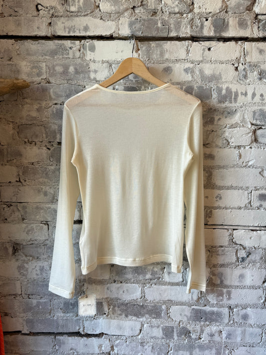 White women's Cashmere Silk Jersey Long Sleeve Crew by V::Room, showing the soft, luxurious fabric and classic fit.