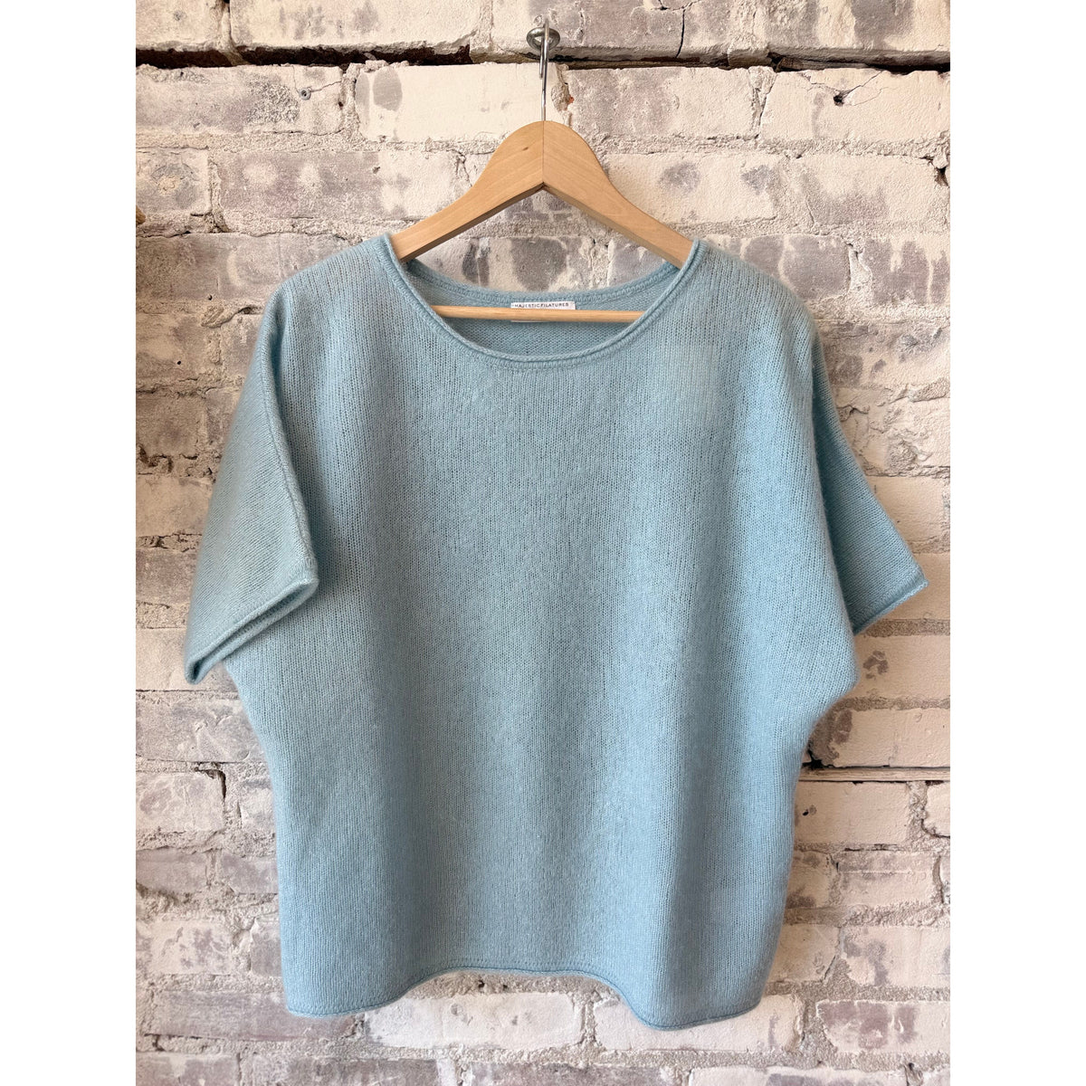 Women's cashmere silk crewneck sweater in Bleu Calanques by Majestic Filatures, featuring soft fabric and a classic fit.