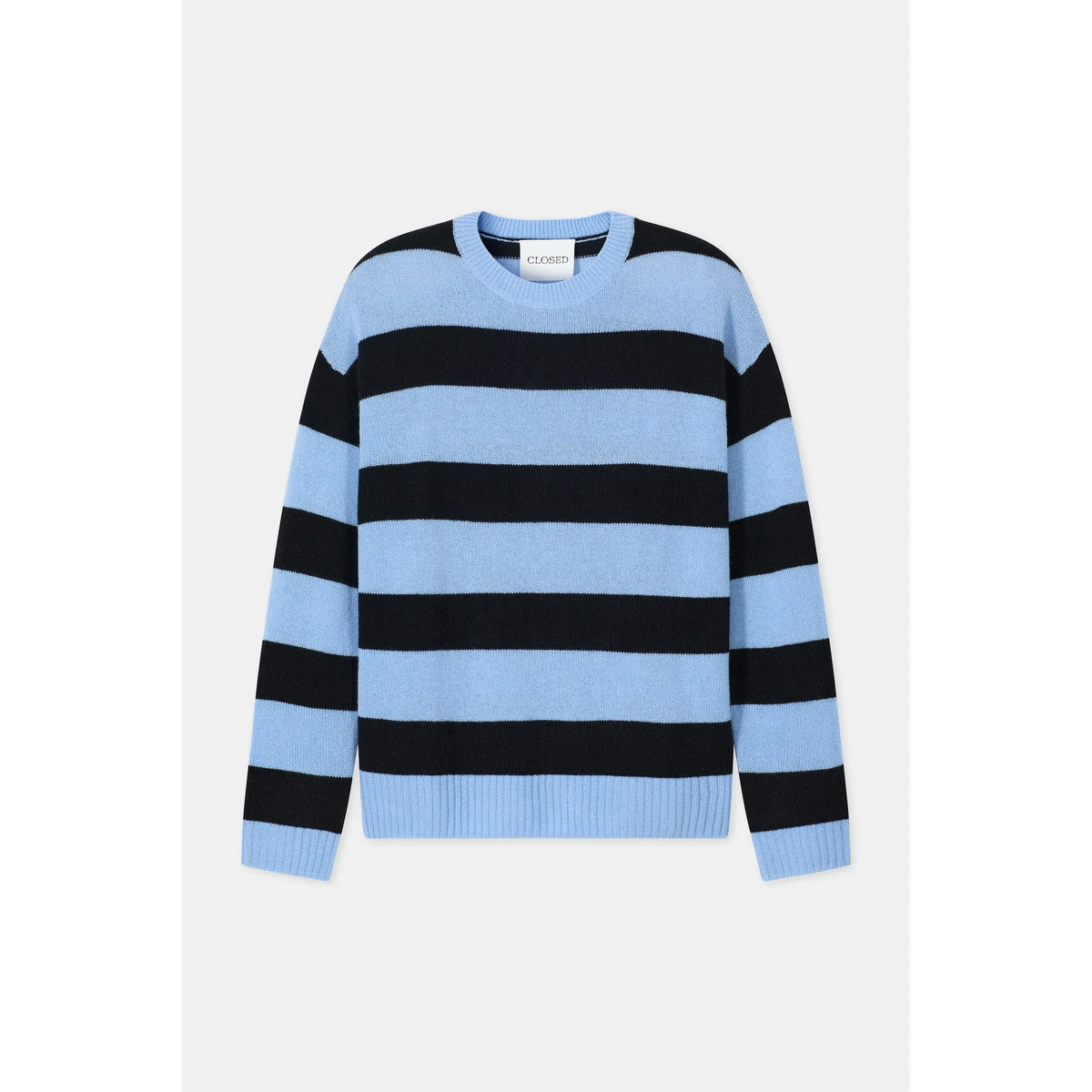 Men's cashmere striped jumper in sky blue and black by Closed Men's, featuring a comfortable knit design and classic stripe pattern.