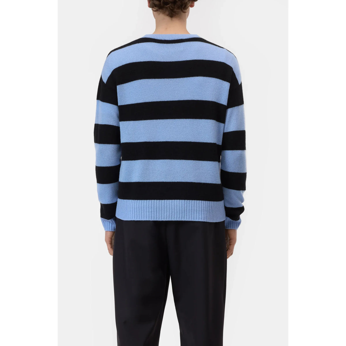 Men's cashmere striped jumper in sky blue and black from Closed Men's, featuring a cozy knit with bold stripe pattern.