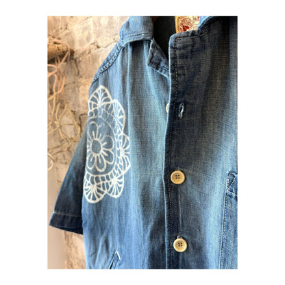 Women's chambray cropped military shirt by MONOSTERO with medallion print and button details.