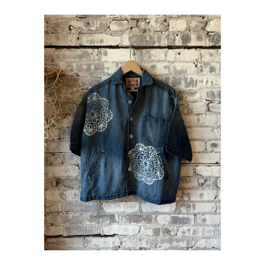 Women's chambray cropped military shirt by MONOSTERO with medallion print, featuring button-front and short sleeves.