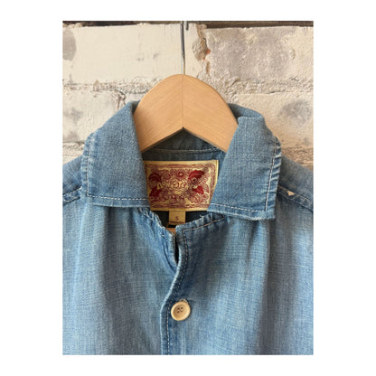 Men's light indigo chambray cropped shirt by MONOSTERO, featuring a casual fit and button-front design.