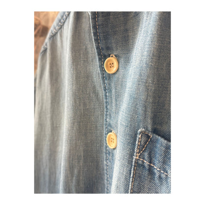 Men's light indigo chambray cropped shirt by MONOSTERO, featuring a casual fit and button-front design.