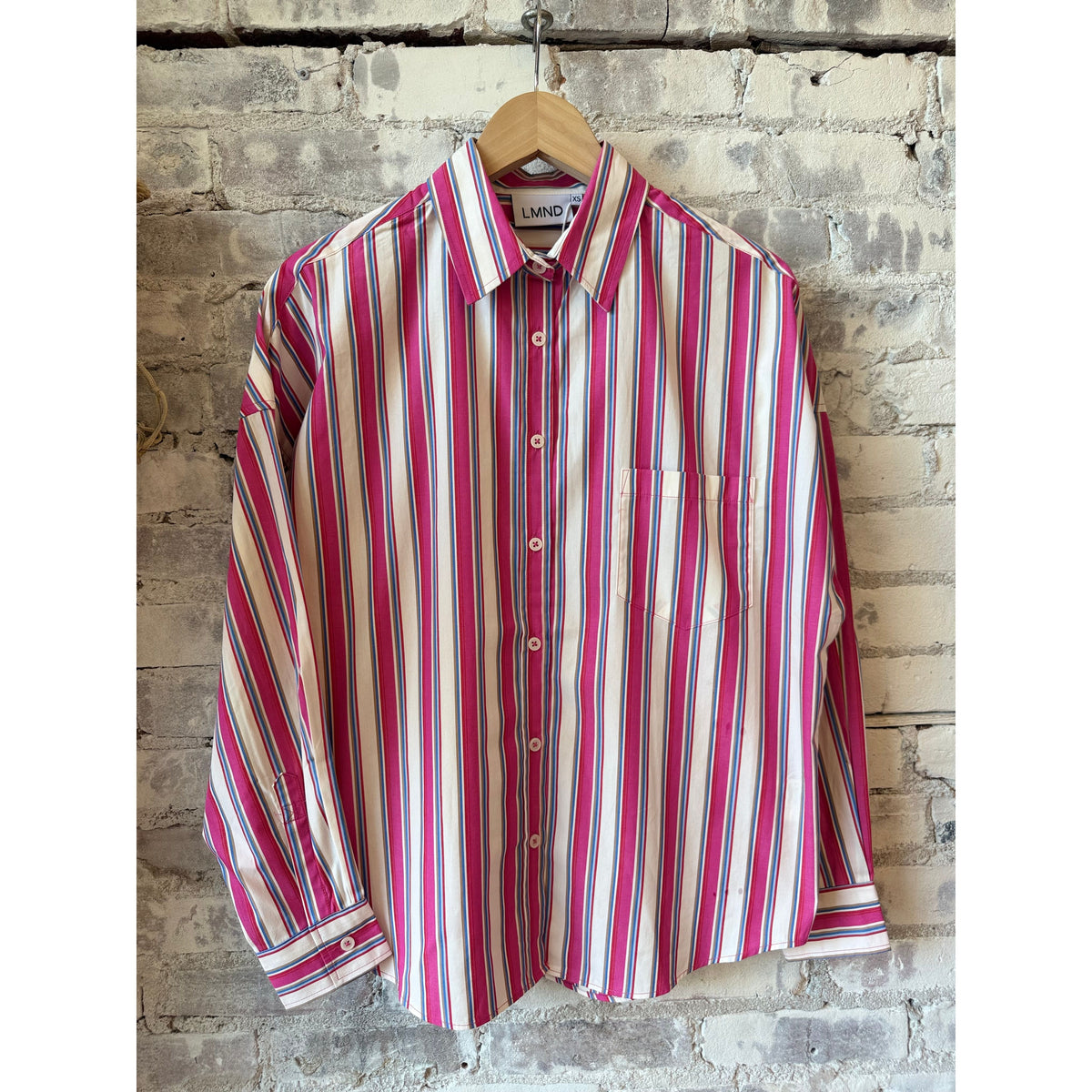Women's Chiara long sleeve shirt by LMND with fuchsia multi-stripe pattern, lightweight fabric, and relaxed fit.