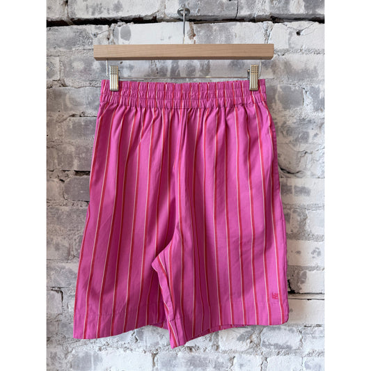 Women's Chiara Mid Length Short by LMND in fuchsia, true red, and natural stripe pattern, featuring a stylish mid-length design.