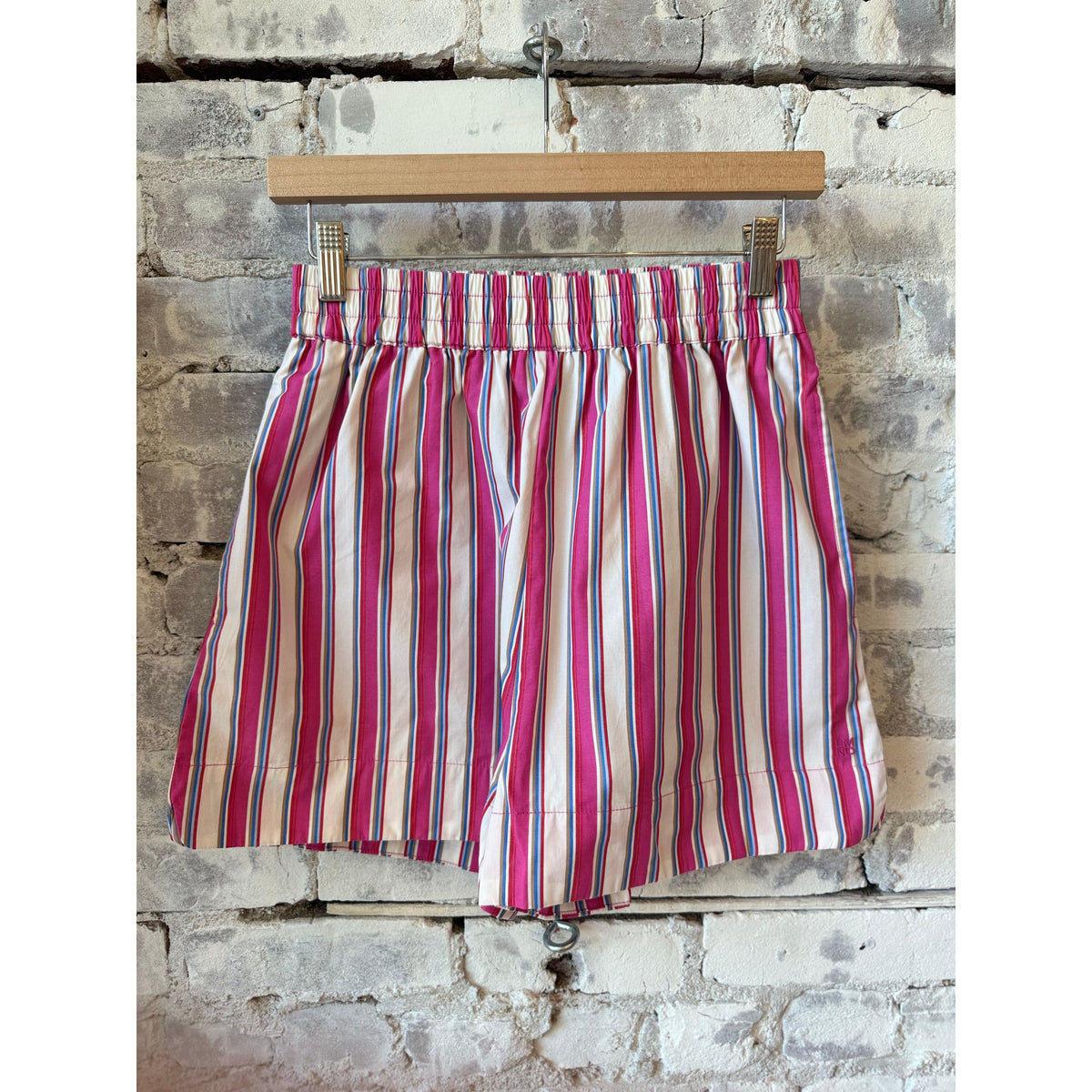 Women's Chiara Mid Length Shorts in vibrant fuchsia multi-stripe pattern by LMND, showing the colorful striped design and mid-length fit.