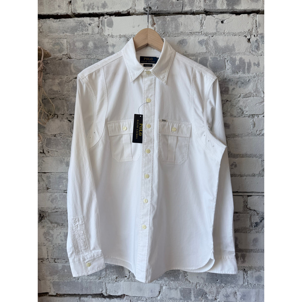 Men's white Polo RL classic fit sateen workshirt, long-sleeve, button-up design with collar and chest pocket.