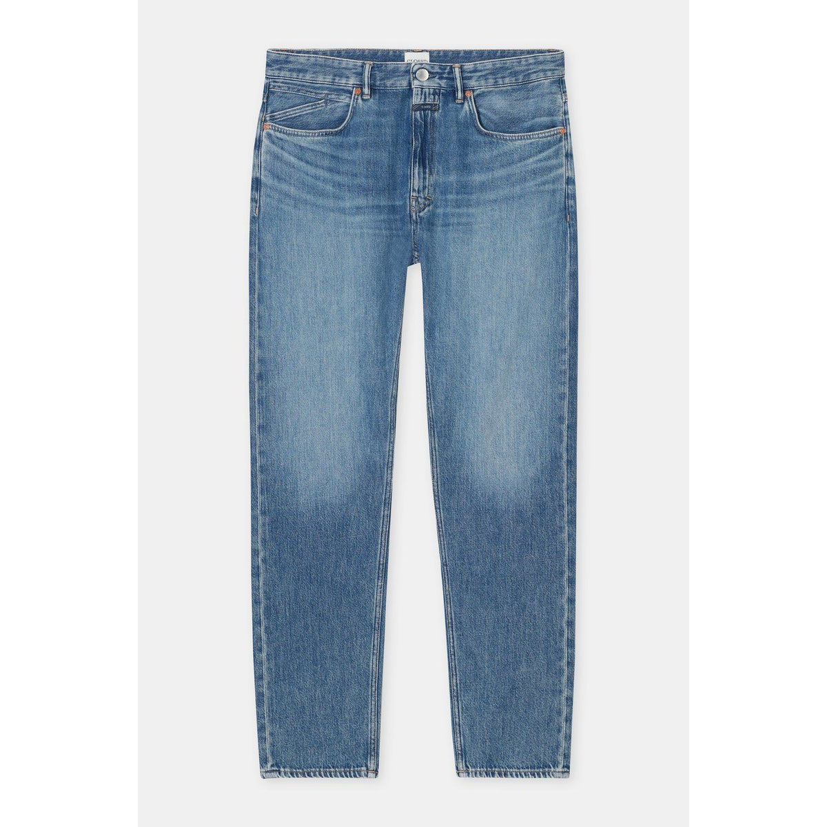 Men's mid blue Cooper True Regular Jean by Closed Men's, showing classic fit and denim fabric with visible stitching.