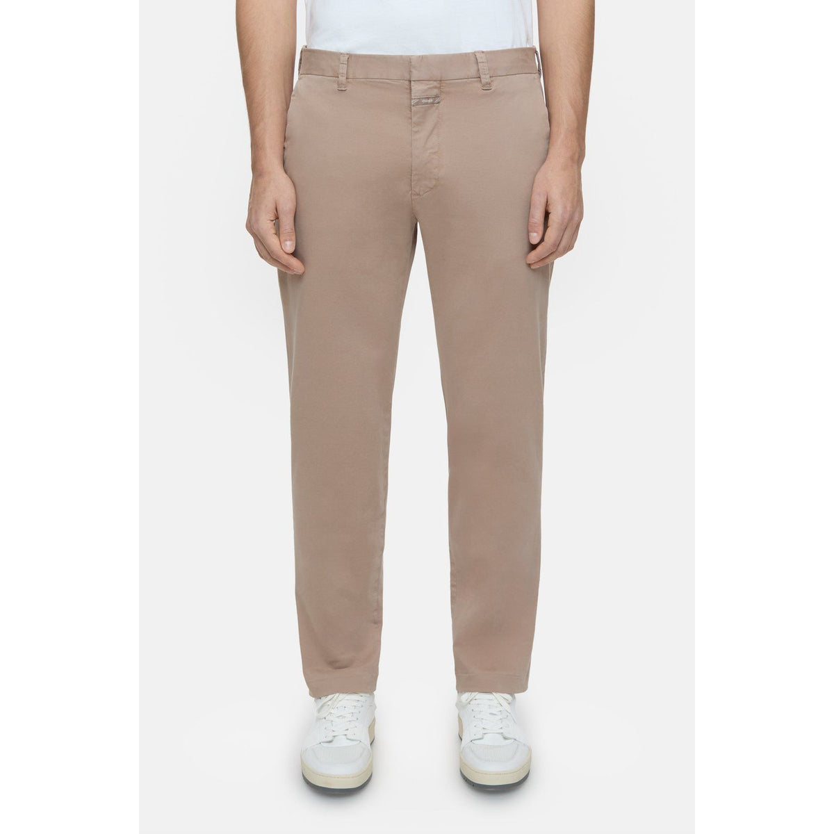 Men's Clifton True Slim Pant in Cashew Cream by Closed Men's, showing slim fit design and soft fabric texture.