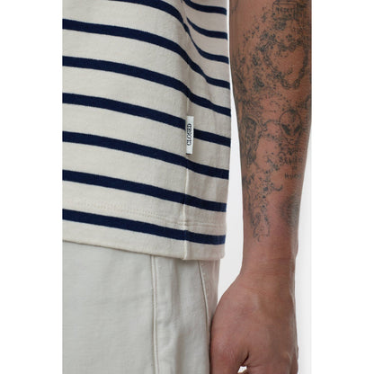 Men's ivory cotton striped T-shirt by Closed Men's, showing a close-up of the classic crew neck and striped fabric pattern.