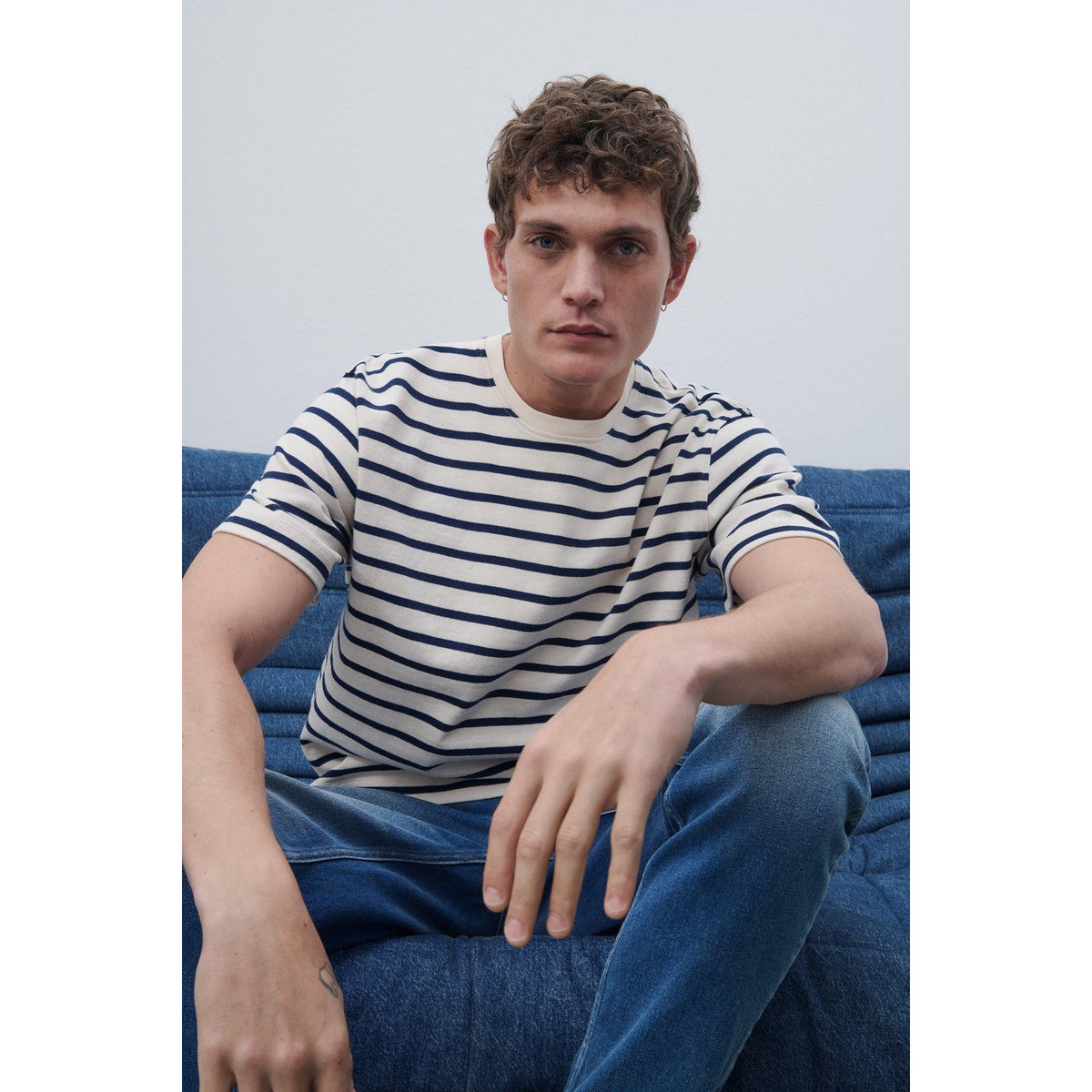 Men's ivory cotton striped T-shirt by Closed Men's featuring a classic fit and soft fabric.