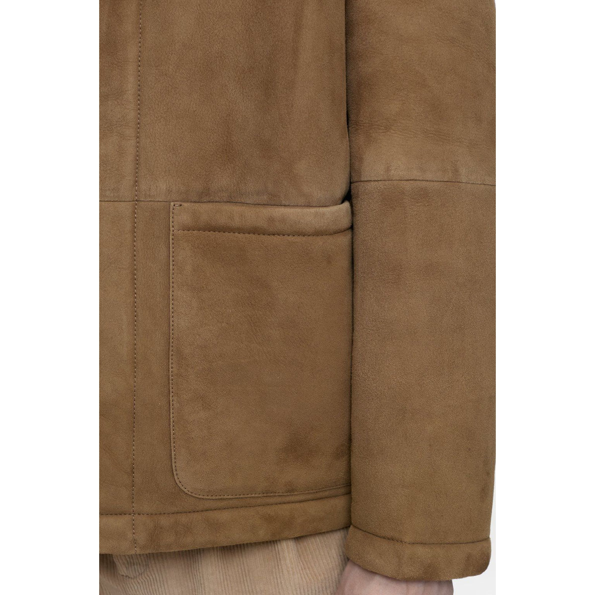 Men's chestnut lambskin jacket by Closed Men's, shown on a hanger with front view and visible collar details.