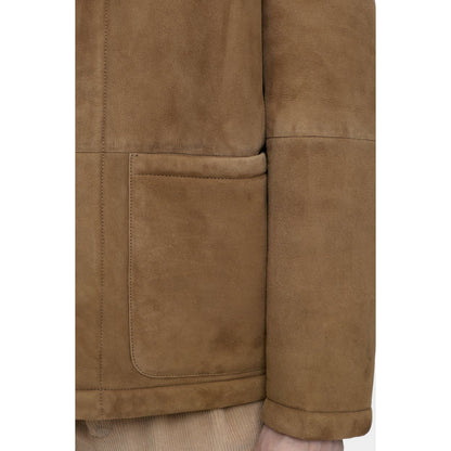 Men's chestnut lambskin jacket by Closed Men's, shown on a hanger with front view and visible collar details.