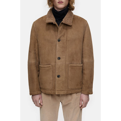 Men's chestnut lambskin jacket by Closed Men's, showing a close-up of the soft leather texture and stylish design.