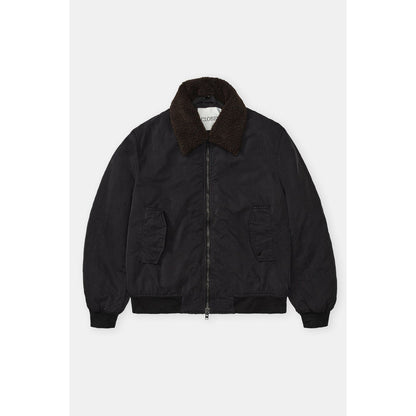 Men's nylon flight jacket in ebony by Closed Men's, featuring a sleek design with a front zipper and ribbed cuffs.