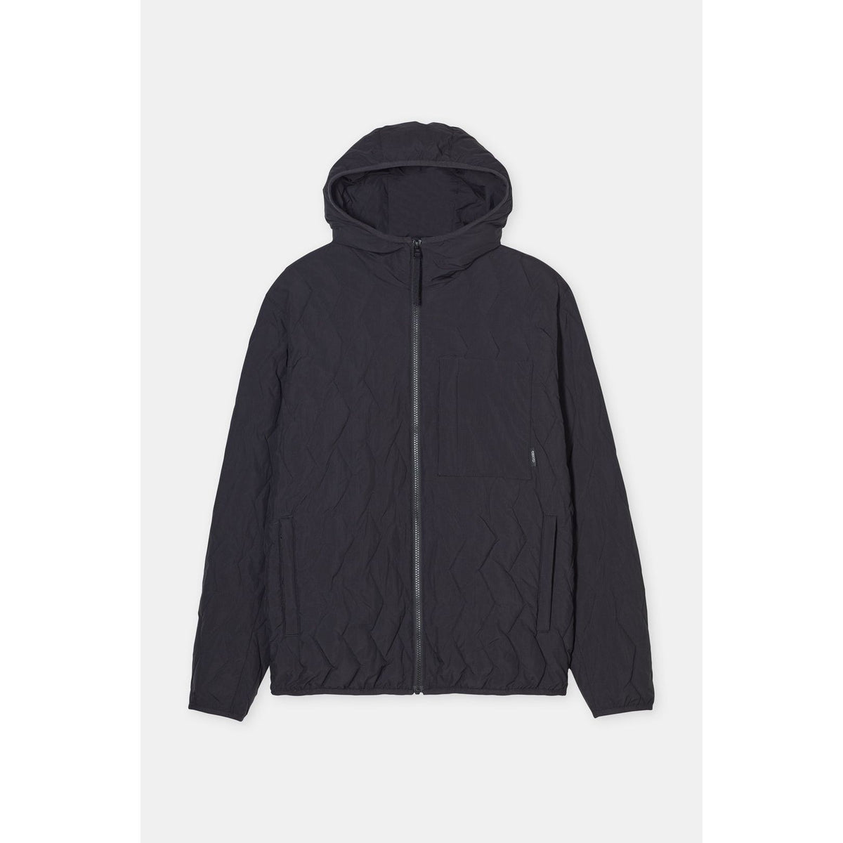 Men's black quilted jacket by Closed Men's, showing the front view with padded quilted design and stand-up collar.