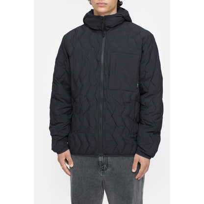 Men's black quilted jacket by Closed Men's, showing front view with padded design and stand collar for warmth and style.