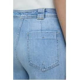 Light blue women's Aria Comfort Stretch Flared Jeans by Closed Women's, shown with a fitted waist and flared leg silhouette.
