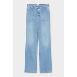Light blue women's Aria Comfort Stretch Flared Jean by Closed Women's, featuring a fitted waist and wide flared leg style.