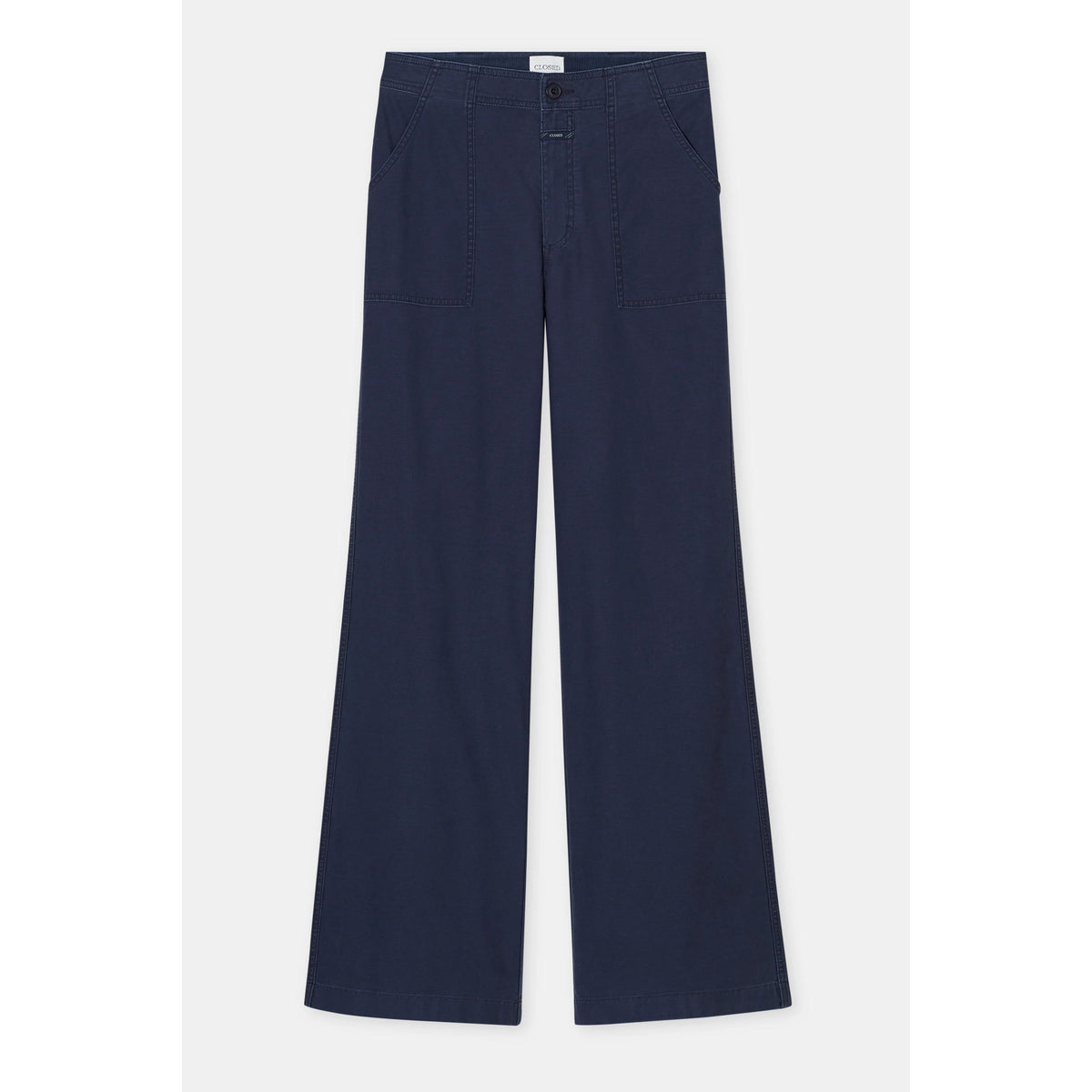 Women's Aria Flared Chino Pant in Dark Night by Closed, showing the stylish dark blue fabric and flared leg design.