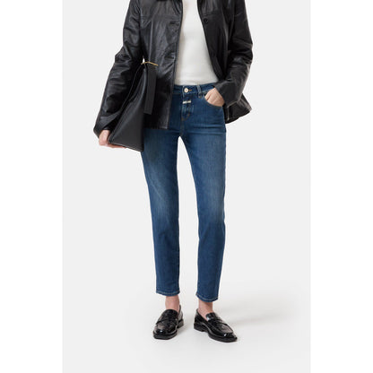 Dark blue women's Baker Skinny Jean by Closed Women's, showing close-up of fitted denim with subtle stitching details.