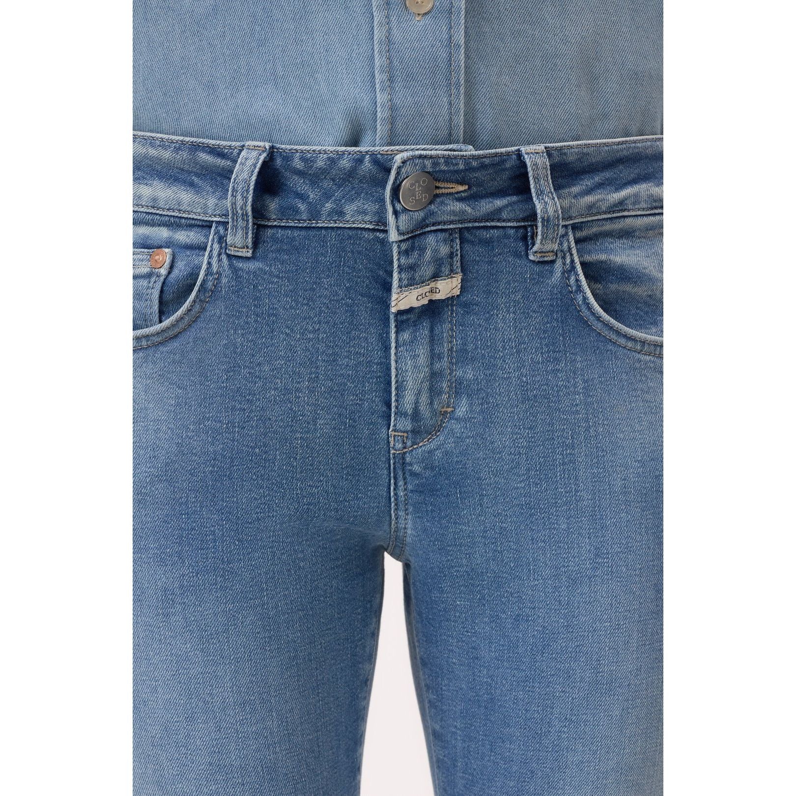 Women's Baker Stretch Skinny Jean in mid blue by Closed Women's, showcasing a fitted denim style with classic five-pocket design.