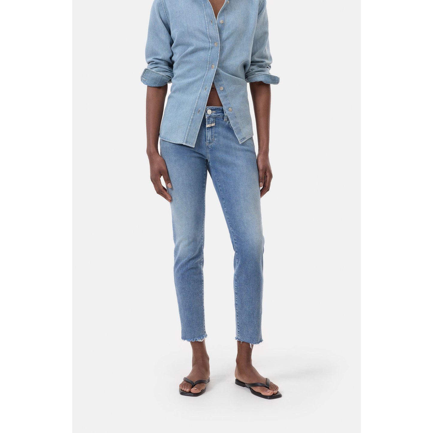 Women's Baker Stretch Skinny Jeans in mid blue by Closed Women's, showcasing slim fit and classic denim style.