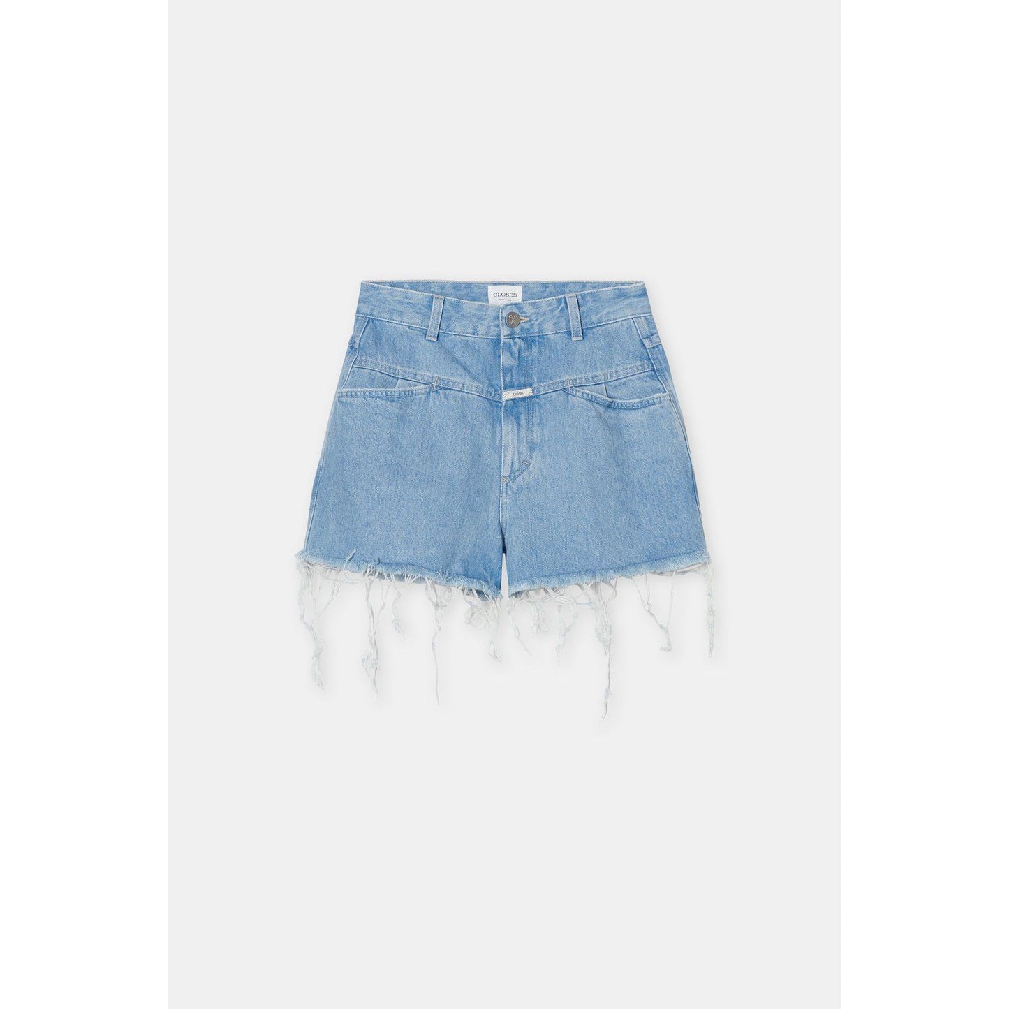 Light blue women's Jocy-X denim shorts by Closed Women's with distressed details and rolled hems, styled on a model.