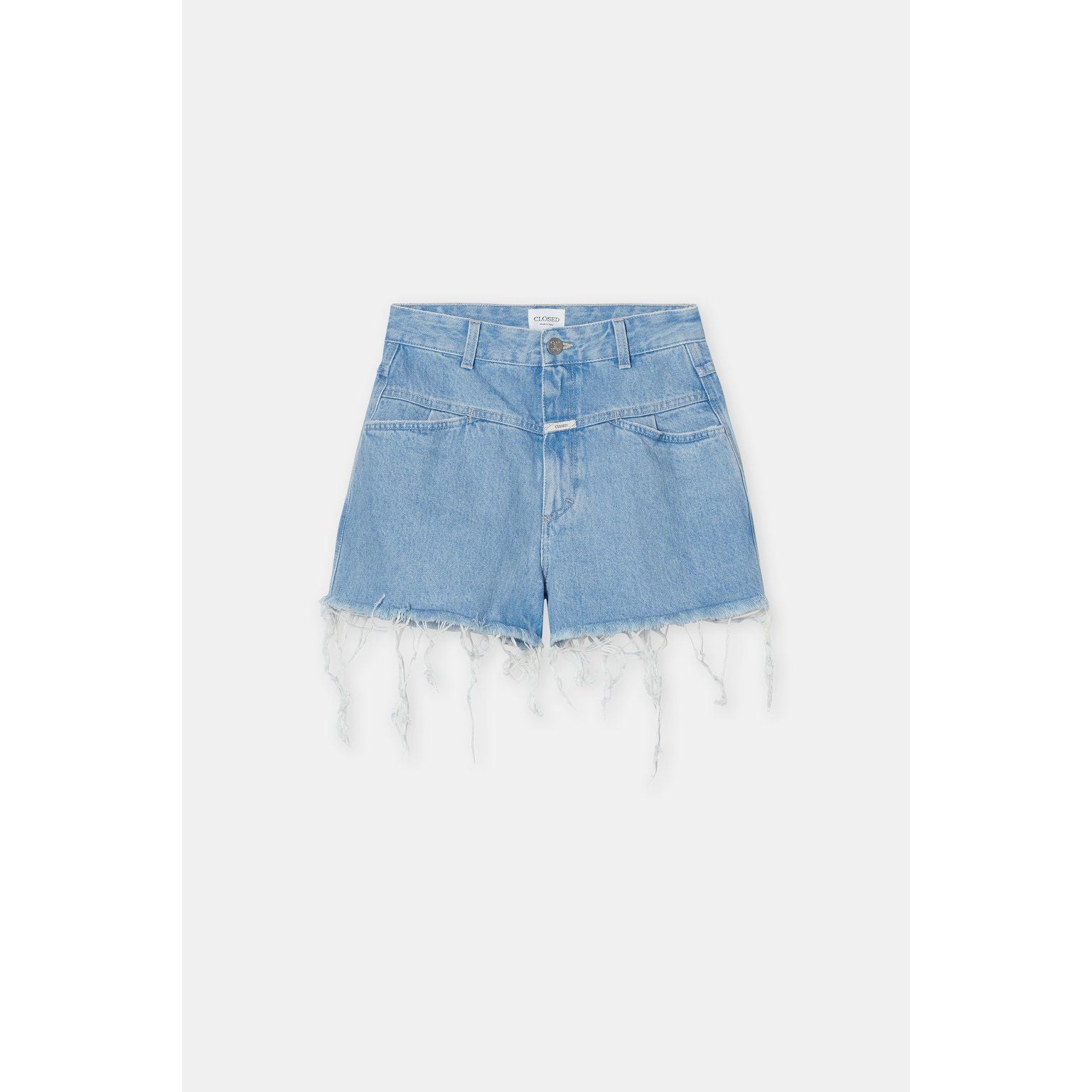 Light blue women's Jocy-X denim shorts by Closed Women's with distressed details and rolled hems, styled on a model.