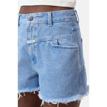 Light blue women's Jocy-X denim shorts by Closed Women's, showing the front view with frayed hem and classic five-pocket design.