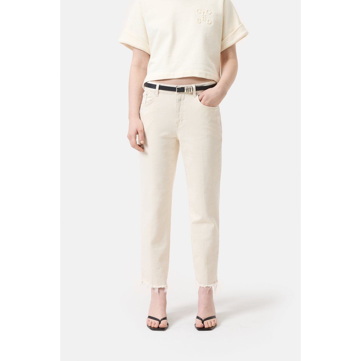Women's ivory Milo Comfort Stretch Straight Jean by Closed, showing the relaxed fit and classic denim style with subtle stitching details.