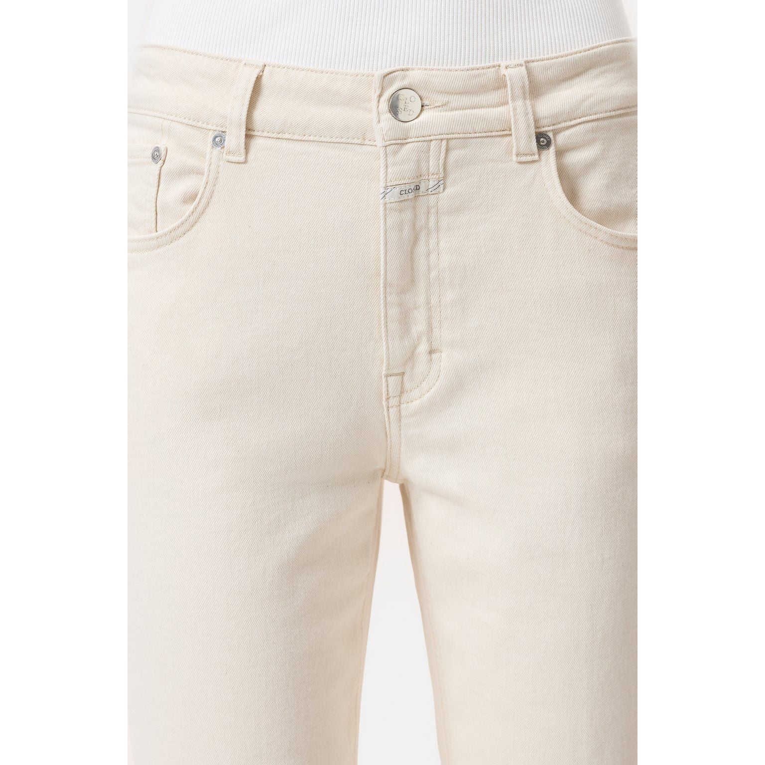 Women's ivory Milo Comfort Stretch Straight Jean by Closed, showing fit and fabric texture in a natural pose