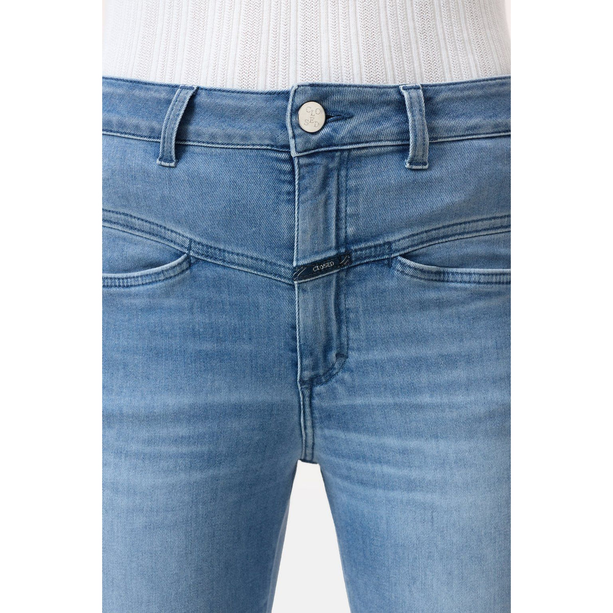 Women's mid blue pedal pusher relaxed jeans by Closed Women's, shown with a casual fit and classic denim style.