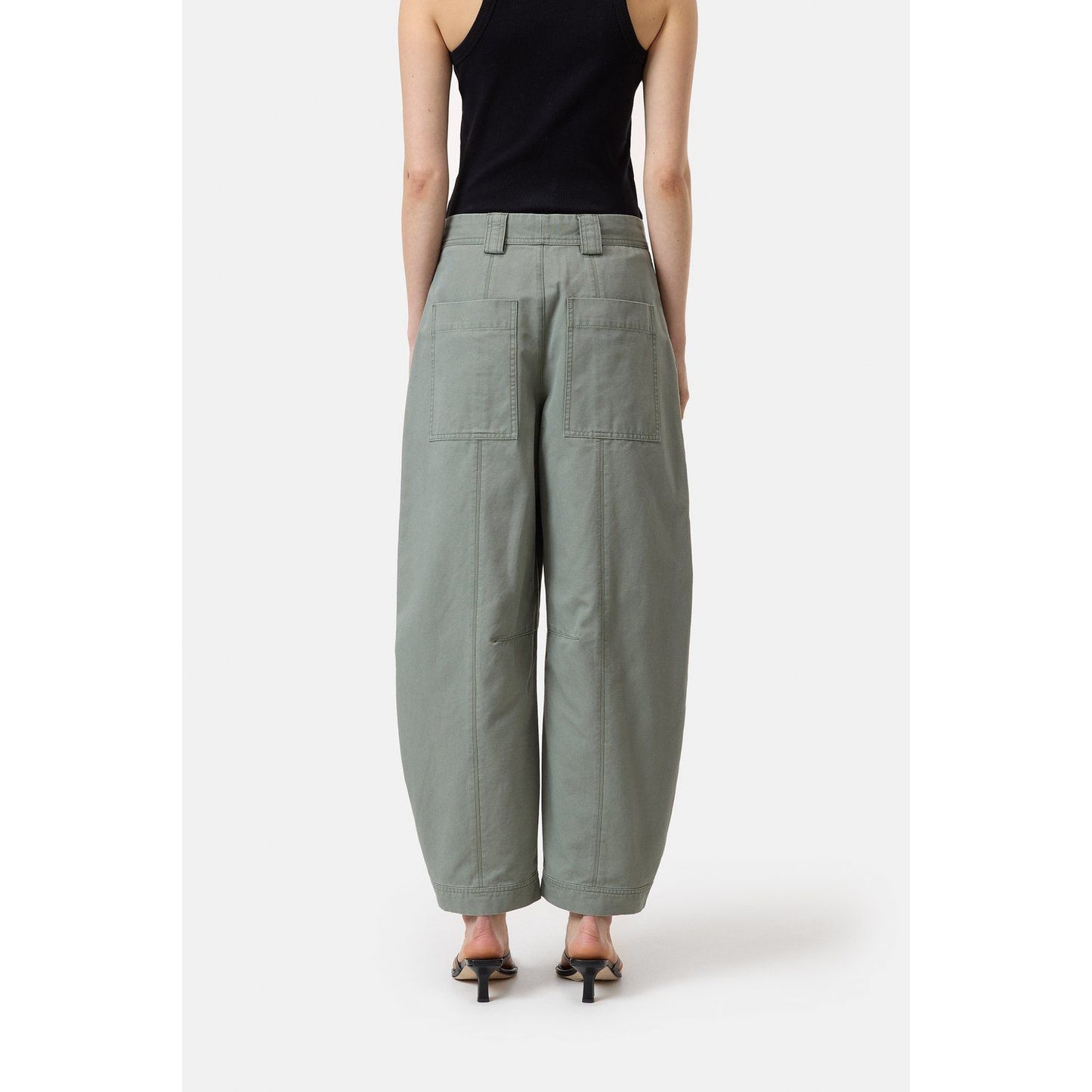Women's Rhannon Barrel Pants in faded green by Closed Women's, featuring a relaxed fit and stylish barrel silhouette.