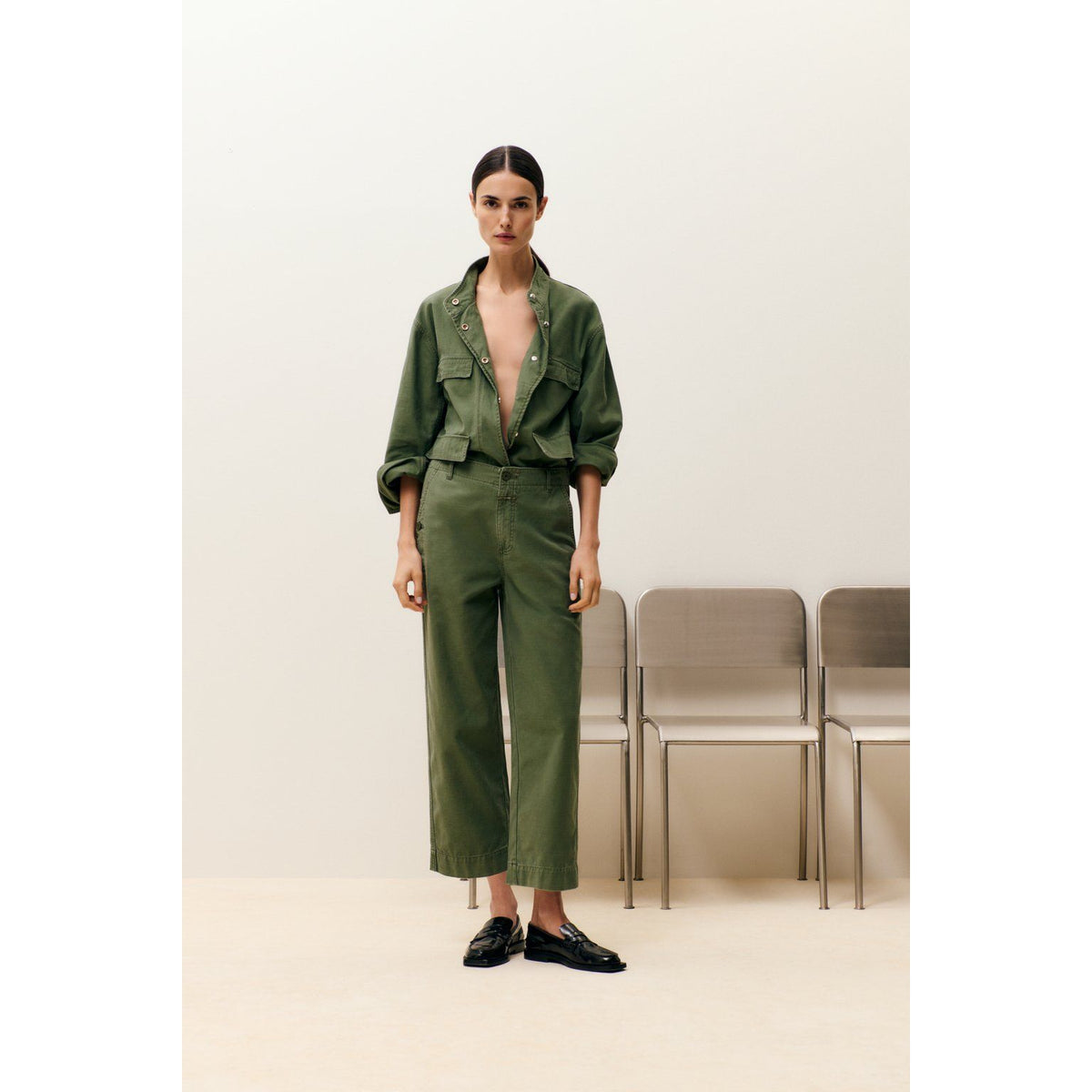 Women's Rovea Relaxed Pants in Matcha Green by Closed Women's, showcasing comfortable, loose-fit fabric and stylish design.