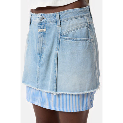 Light blue women's short denim poplin mini skirt by Closed Women's, shown on a hanger against a plain background.