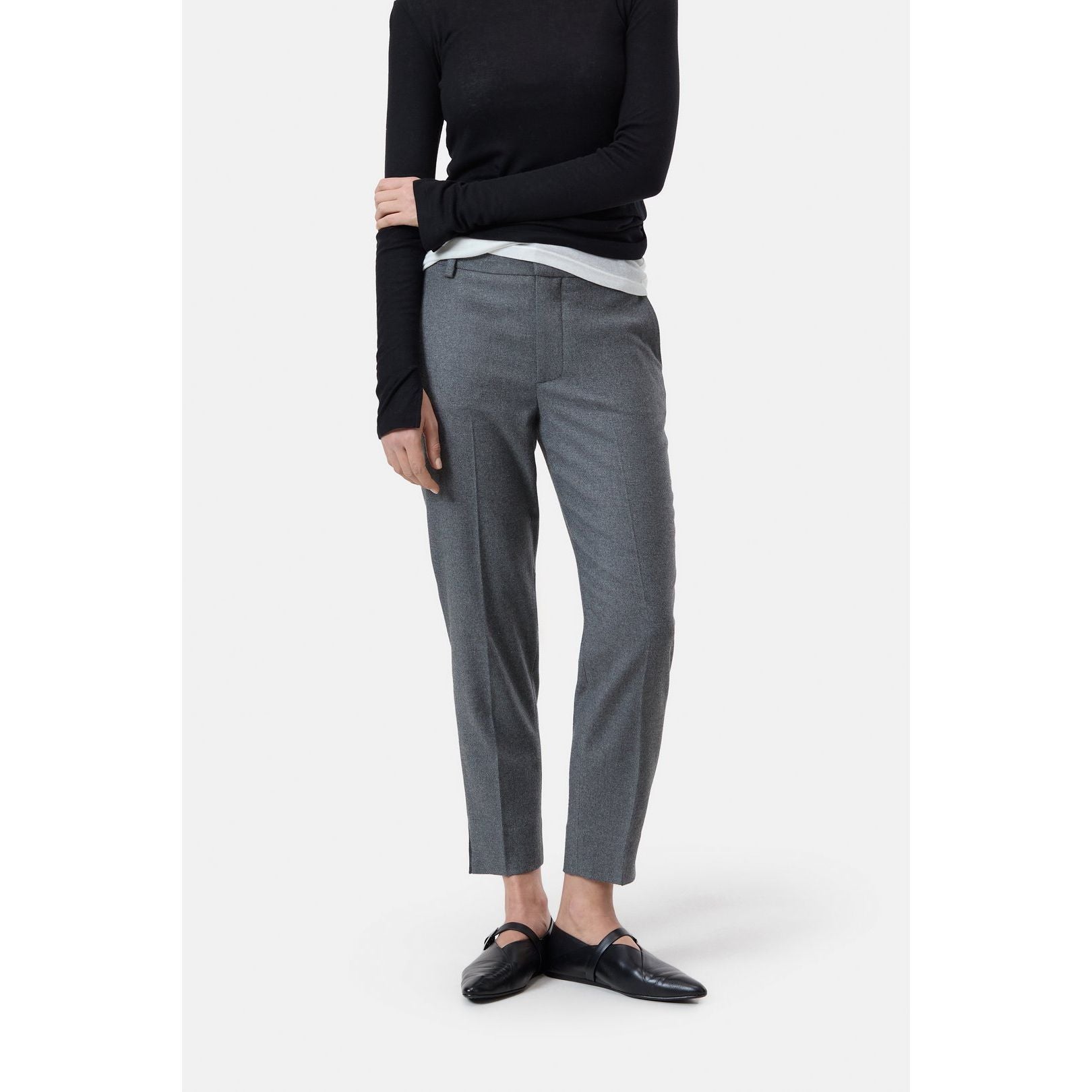 Dark grey melange Sonnett Slim Pant for women by Closed, shown flat with waistband and tapered leg details.