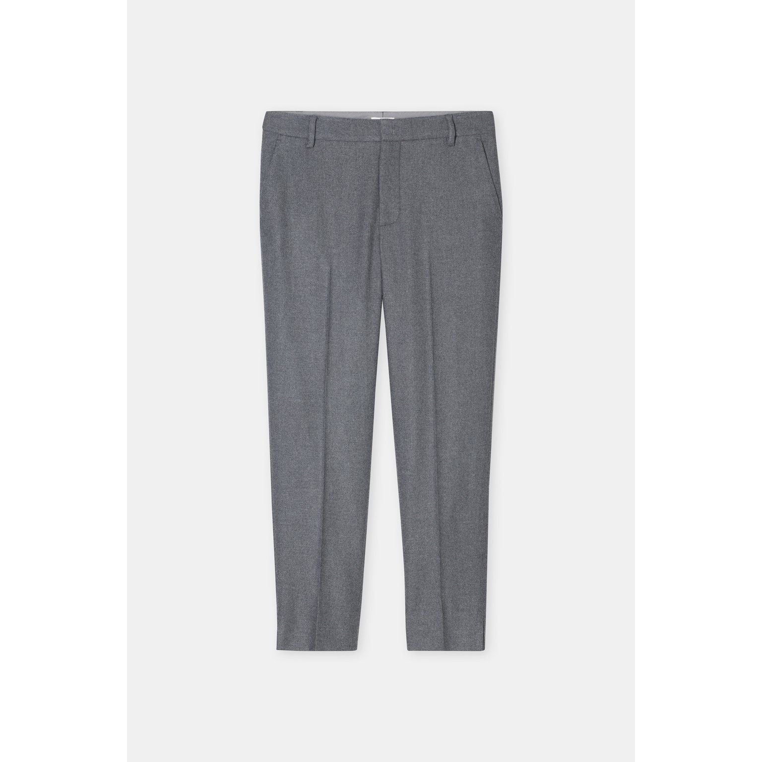 Close-up of Women's Sonnett Slim Pant by Closed in dark grey melange fabric, showing the fit and texture of the slim-fit pants.